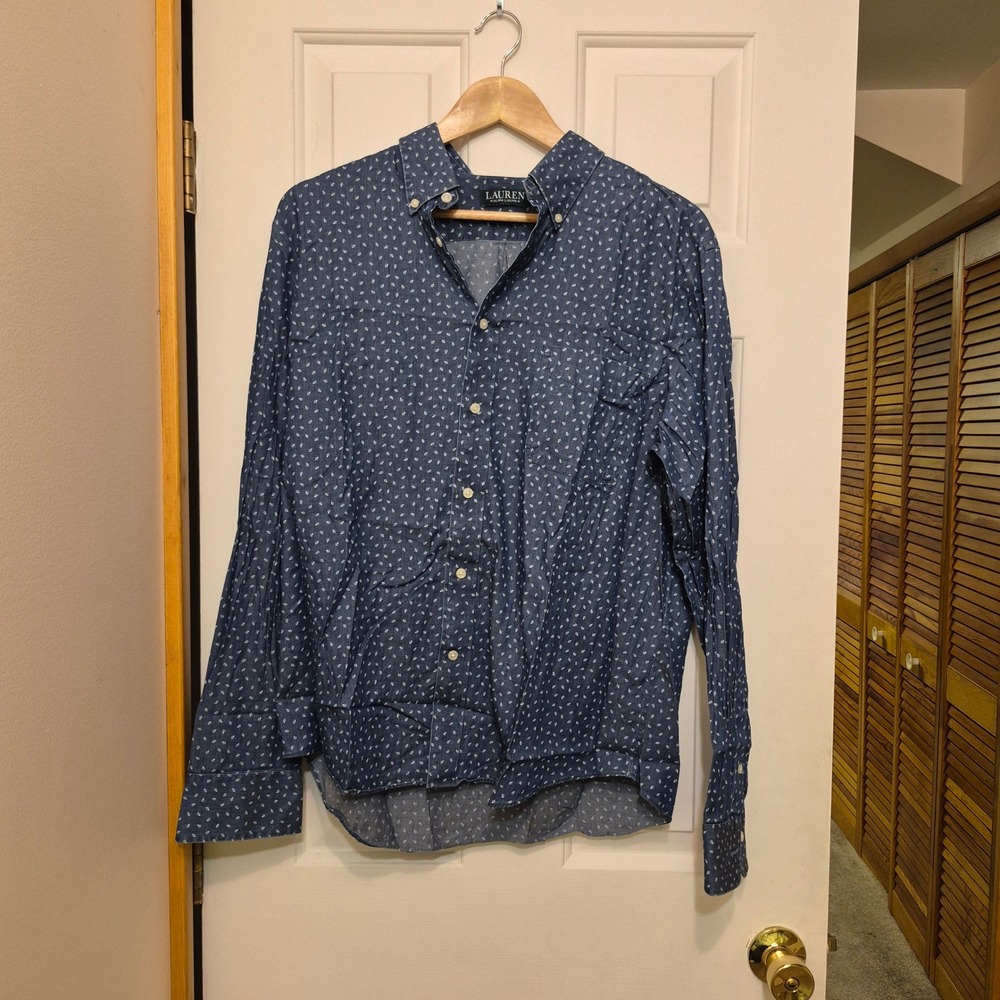 Lauren Ralph Lauren Mens Large Blue Geometric Print Stretch Button Down Shirt